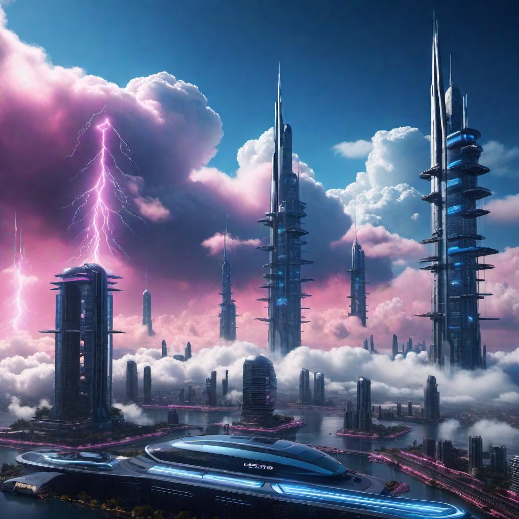  A logo for a futuristic floating city in the clouds, with electricity streaking behind the city. The clouds are black and pink, with bright blue electricity. The scene is set at night time. The style should be sleek, modern, and futuristic. hyperrealistic, full body, detailed clothing, highly detailed, cinematic lighting, stunningly beautiful, intricate, sharp focus, f/1. 8, 85mm, (centered image composition), (professionally color graded), ((bright soft diffused light)), volumetric fog, trending on instagram, trending on tumblr, HDR 4K, 8K