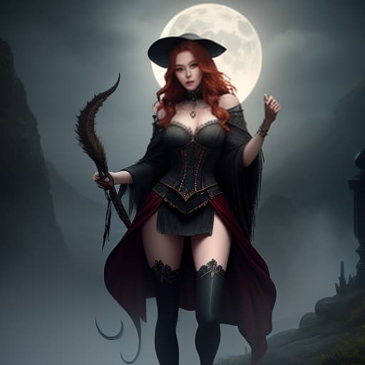  A witch, full height, red hair, green eyes, uality, small , thin hips, full moon, detailed full height, skinny legs. hyperrealistic, full body, detailed clothing, highly detailed, cinematic lighting, stunningly beautiful, intricate, sharp focus, f/1. 8, 85mm, (centered image composition), (professionally color graded), ((bright soft diffused light)), volumetric fog, trending on instagram, trending on tumblr, HDR 4K, 8K