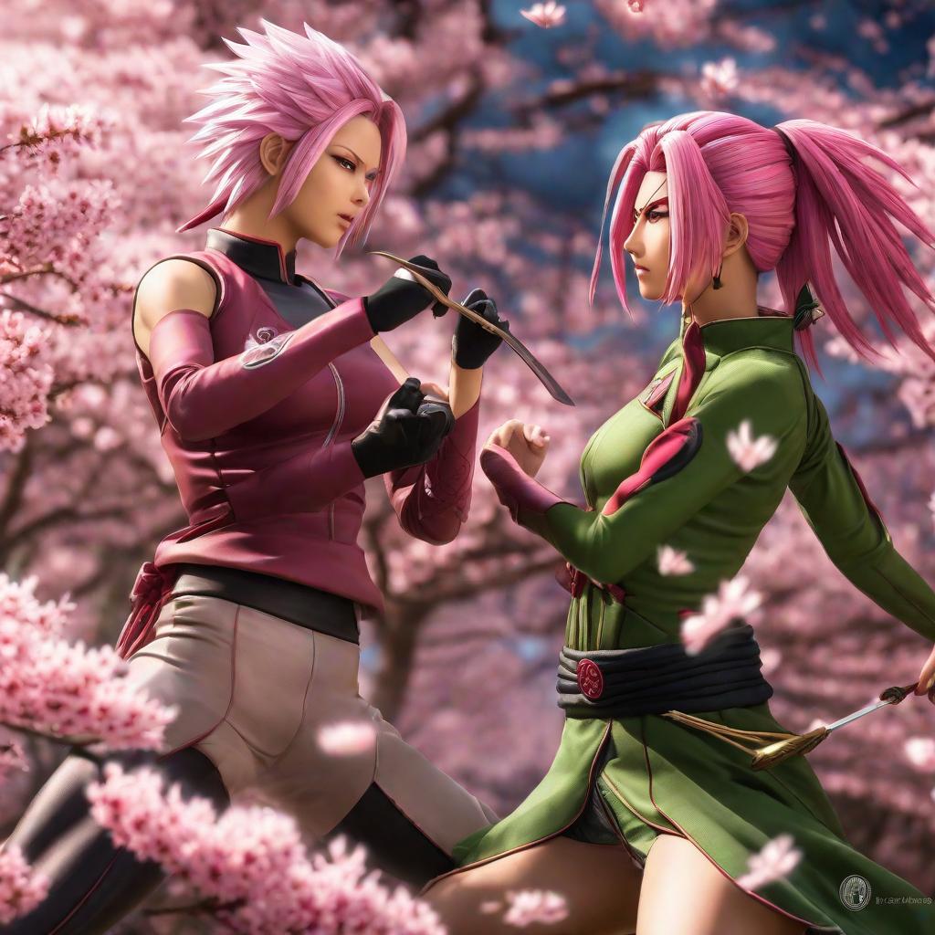  Sakura Haruno vs kefla , anime concept art by Hayao Miyazaki, featured on pixiv, fantasy art, concept art, official art, high detailed hyperrealistic, full body, detailed clothing, highly detailed, cinematic lighting, stunningly beautiful, intricate, sharp focus, f/1. 8, 85mm, (centered image composition), (professionally color graded), ((bright soft diffused light)), volumetric fog, trending on instagram, trending on tumblr, HDR 4K, 8K