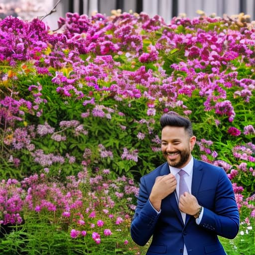 lnkdn photography A man puts his hands on the cheek of his beloved while smiling in a garden with purple roses hyperrealistic, full body, detailed clothing, highly detailed, cinematic lighting, stunningly beautiful, intricate, sharp focus, f/1. 8, 85mm, (centered image composition), (professionally color graded), ((bright soft diffused light)), volumetric fog, trending on instagram, trending on tumblr, HDR 4K, 8K