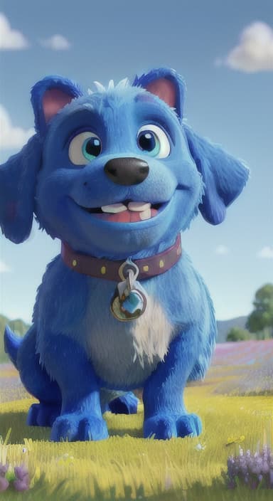  {A happy, big blue dog wagging its tail in a colorful meadow, The big blue dog is large with sky blue fur, big round eyes, a black nose, and floppy ears.