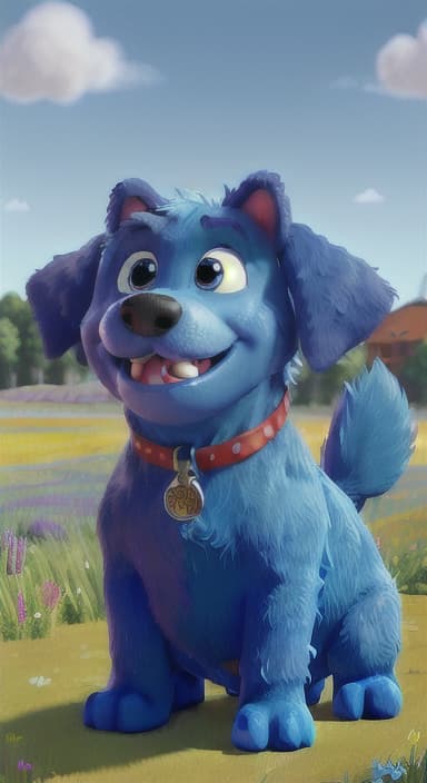  {A happy, big blue dog wagging its tail in a colorful meadow, The big blue dog is large with sky blue fur, big round eyes, a black nose, and floppy ears.