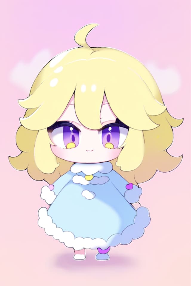  Girl, straight, fluffy hair, yellow hair, pink and purple odd eye, light blue fluffy dress, positive character, cute character, cute