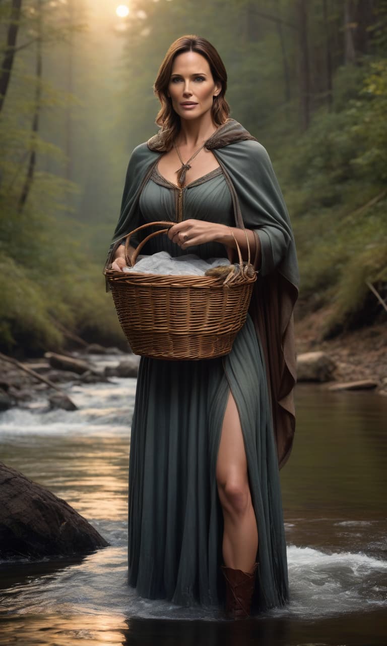  Jennifer Anne Garner . (photorealistic, oil painting:1.3), A nice . On the hands of celets made of copper. Washes clothes in the river that flows in the forest. Not far away is a basket of washed clothes. On the shoulders is a wolf skin cape that covers the and stomach. On the hands of celets made of copper. hyperrealistic, full body, detailed clothing, highly detailed, cinematic lighting, stunningly beautiful, intricate, sharp focus, f/1. 8, 85mm, (centered image composition), (professionally color graded), ((bright soft diffused light)), volumetric fog, trending on instagram, trending on tumblr, HDR 4K, 8K