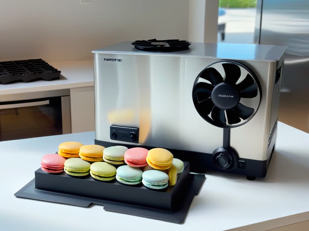  A highresolution, ultradetailed image of a sleek, modern kitchen countertop with a black cooling fan positioned next to a freshly baked batch of colorful macarons. The fan is gently blowing a cool breeze over the delicate pastries, showcasing an innovative way to expedite the cooling process in pastry making. The soft, diffused lighting highlights the vibrant hues of the macarons, while the clean, uncluttered background emphasizes the simplicity and elegance of the cooling fan's design. hyperrealistic, full body, detailed clothing, highly detailed, cinematic lighting, stunningly beautiful, intricate, sharp focus, f/1. 8, 85mm, (centered image composition), (professionally color graded), ((bright soft diffused light)), volumetric fog, trending on instagram, trending on tumblr, HDR 4K, 8K