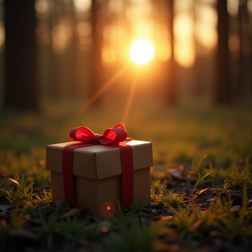  good quality, high quality, decorative gift box with a ribbon placed on a forest floor during sunset, symbolizing surprise