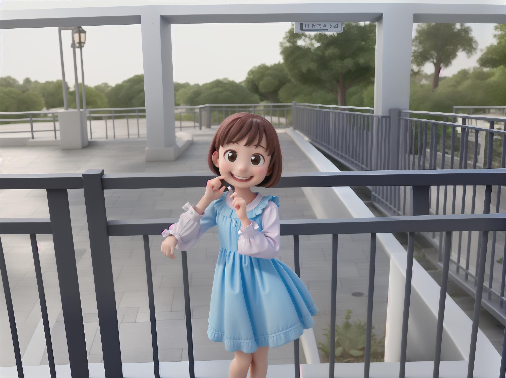  masterpiece, best quality, little girl, blue dress, railing front, bier, smile, masterpiece, top quality, best quality, 8k resolution