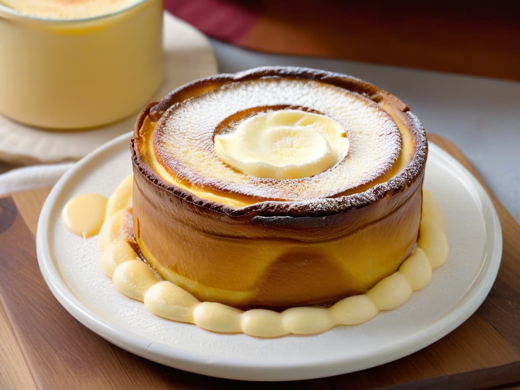  A closeup, ultradetailed image of a perfectly baked Pastel de Nata, showcasing its flaky, goldenbrown pastry crust with delicate layers, filled with a creamy, silkysmooth custard, sprinkled with a light dusting of cinnamon, set on a rustic, textured ceramic plate. The lighting highlights the glossy sheen of the custard and the intricate patterns on the pastry, creating a mouthwatering and visually captivating scene that embodies the essence of the authentic Portuguese pastry. hyperrealistic, full body, detailed clothing, highly detailed, cinematic lighting, stunningly beautiful, intricate, sharp focus, f/1. 8, 85mm, (centered image composition), (professionally color graded), ((bright soft diffused light)), volumetric fog, trending on instagram, trending on tumblr, HDR 4K, 8K