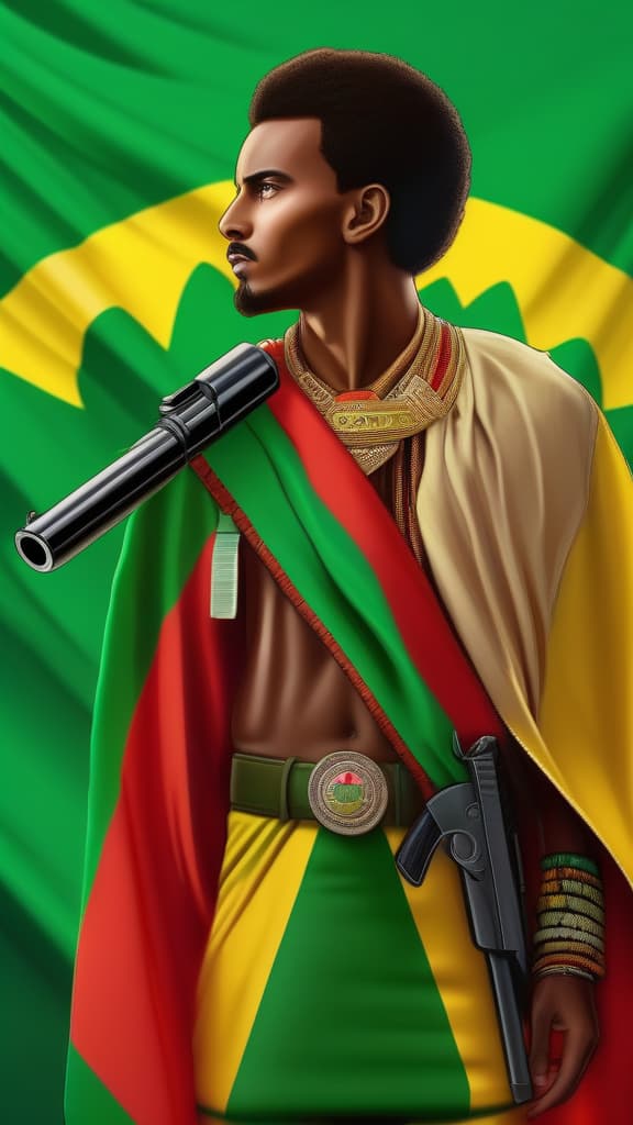  Ethiopian young man holding gun on back and ready to fight aggrasively infront his cloth coler is green, yelow, red ethiopian flag and place is ethiopian topography., ((masterpiece)), best quality, very detailed, high resolution, sharp, sharp image, extremely detailed, 4k, 8k