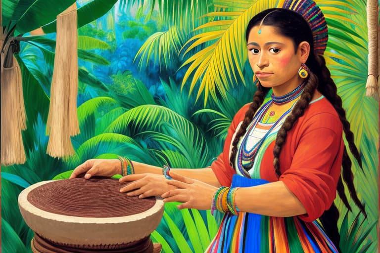  Colorful Painting. Cute Mayan lady wearing colorful loose flowing clothes, grinding cocoa beans on a metate and gazing into the eyes of a Male Mayan shaman. Background rainforest with Mayans pyramids. Painted in the style of Édouard Manet