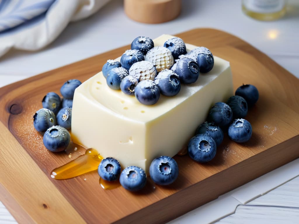  An 8k ultradetailed image of a delicate slice of Mascarpone cheese resting on a rustic wooden board, surrounded by fresh blueberries and a drizzle of honey. The creamy texture of the cheese is highlighted by subtle natural lighting, showcasing its richness and quality. The blueberries add a pop of color, while the honey glistens invitingly, evoking a sense of indulgence and sophistication. The minimalistic composition emphasizes the elegance and simplicity of using exquisite cheeses in pastrymaking, appealing to the senses and the culinary aspirations of the audience. hyperrealistic, full body, detailed clothing, highly detailed, cinematic lighting, stunningly beautiful, intricate, sharp focus, f/1. 8, 85mm, (centered image composition), (professionally color graded), ((bright soft diffused light)), volumetric fog, trending on instagram, trending on tumblr, HDR 4K, 8K