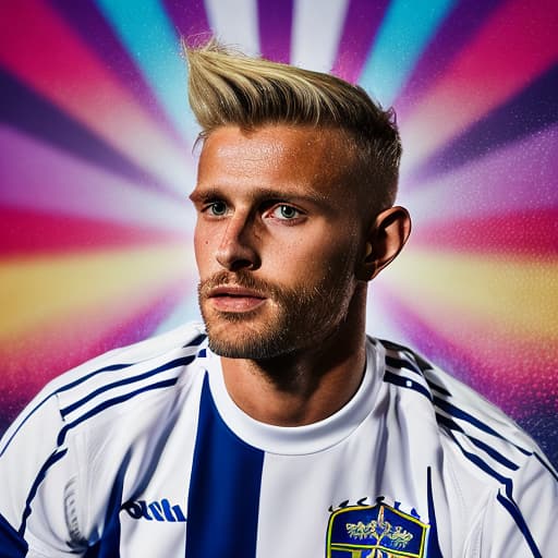 portrait+ style Swedish queer footballer blonde hunk dude face