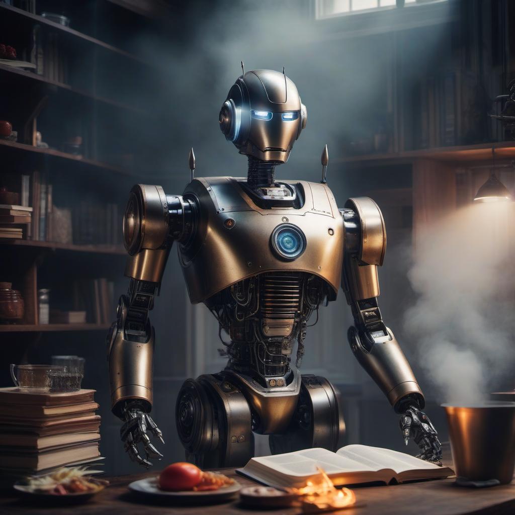  Photo of a robot with a large cookbook hyperrealistic, full body, detailed clothing, highly detailed, cinematic lighting, stunningly beautiful, intricate, sharp focus, f/1. 8, 85mm, (centered image composition), (professionally color graded), ((bright soft diffused light)), volumetric fog, trending on instagram, trending on tumblr, HDR 4K, 8K