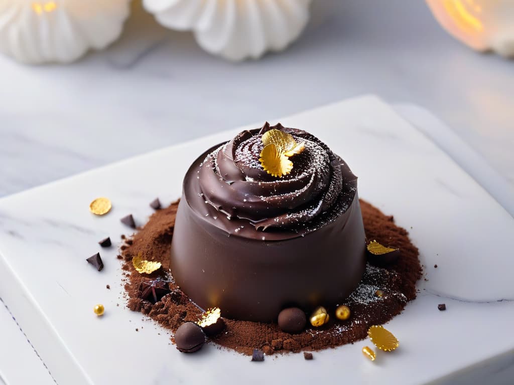  A closeup, ultradetailed photograph of a glossy, decadent Belgian chocolate truffle dusted with gold flakes, sitting on a sleek, modern marble countertop. The truffle is perfectly round, showcasing a rich, dark chocolate exterior with a tantalizing swirl pattern on top. The gold flakes glisten under the soft lighting, emphasizing the luxurious and professional quality of the homemade Belgian chocolate truffles. hyperrealistic, full body, detailed clothing, highly detailed, cinematic lighting, stunningly beautiful, intricate, sharp focus, f/1. 8, 85mm, (centered image composition), (professionally color graded), ((bright soft diffused light)), volumetric fog, trending on instagram, trending on tumblr, HDR 4K, 8K