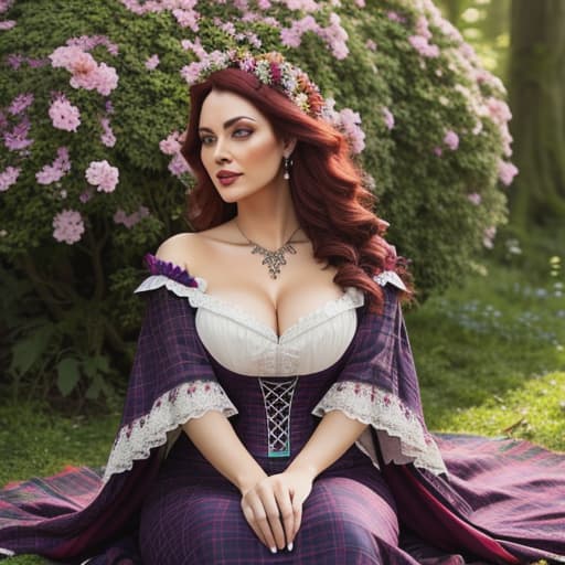  /send image of Amythyst, a woman with voluminous dark red hair in a loose gibson style wearing a purple tartan victorian gown while a picnic blanketIn this picturesque setting, she sits on a soft plaid blanket sprawled out in the midst of lush greenery and blooming flowers. Her figure stands out beautifully against the vint backdrop, dressed in a stunning purple tartan Victorian gown that falls down past her ankles. The fabric is rich and luxurious under her fingertips - subtly textured with intricate floral embroidery running along the hem and bodice which seems to ly dance with the breeze that gently rustles through the leaves. Atop her head, cascading wildly down one side like fiery waterfalls, flows an enormous hyperrealistic, full body, detailed clothing, highly detailed, cinematic lighting, stunningly beautiful, intricate, sharp focus, f/1. 8, 85mm, (centered image composition), (professionally color graded), ((bright soft diffused light)), volumetric fog, trending on instagram, trending on tumblr, HDR 4K, 8K