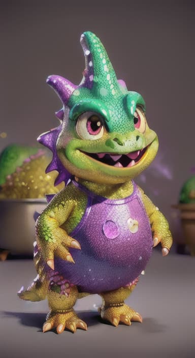  {A sparkly dinosaur with glittery scales standing next to a big pot of steaming jollof rice., Shiny Dino has glittery, multicolored scales that sparkle in the sunlight. It has big, friendly eyes and a happy, wide smile, with small arms perfect for stirring pots. Shiny Dino wears a playful, polka dotted apron and a tiny chef's hat.