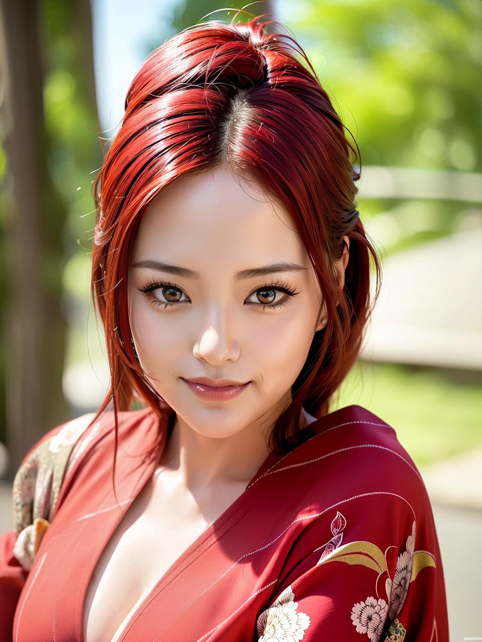  Kimono, a smile, plump breasts, beautiful eyes, narrow waist, light red hair, (Masterpiece, BestQuality:1.3), (ultra detailed:1.2), (hyperrealistic:1.3), (RAW photo:1.2),High detail RAW color photo, professional photograph, (Photorealistic:1.4), (realistic:1.4), ,professional lighting, (japanese), beautiful face, (realistic face)