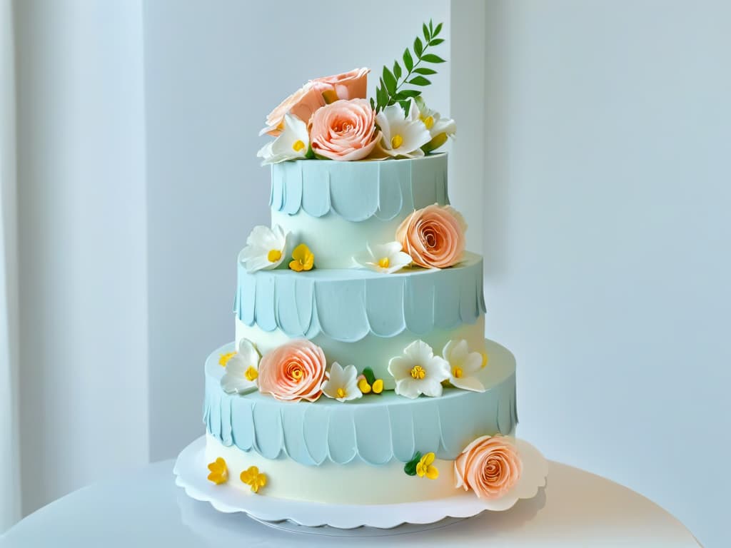  A minimalist image of a beautifully decorated tiered cake, showcasing intricate piping details in pastel colors, with delicate sugar flowers adorning each layer. The background is blurred to keep the focus on the elegant design of the cake, highlighting the craftsmanship and artistry involved in pastrymaking. hyperrealistic, full body, detailed clothing, highly detailed, cinematic lighting, stunningly beautiful, intricate, sharp focus, f/1. 8, 85mm, (centered image composition), (professionally color graded), ((bright soft diffused light)), volumetric fog, trending on instagram, trending on tumblr, HDR 4K, 8K