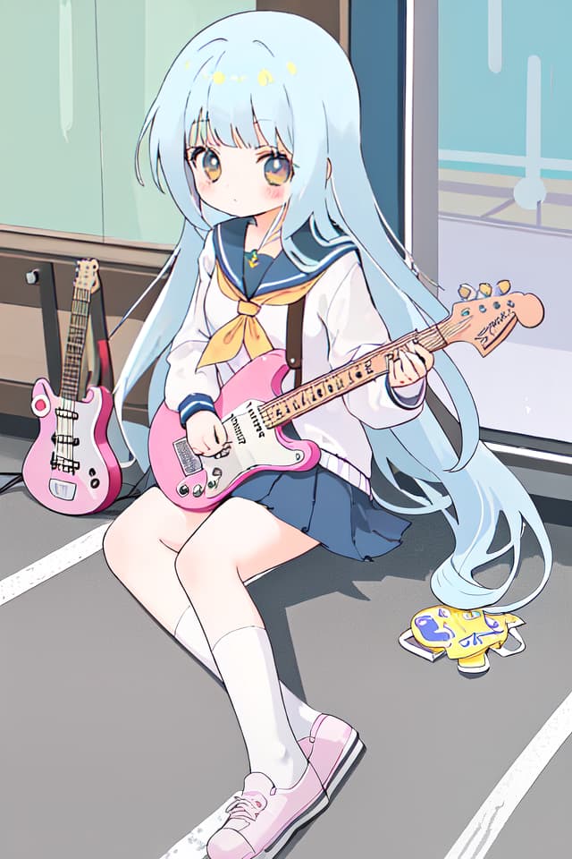  High school girl, mini character, cute, electric guitar, long hair, hanging, sitting on the ground, sailor suit, electric guitar