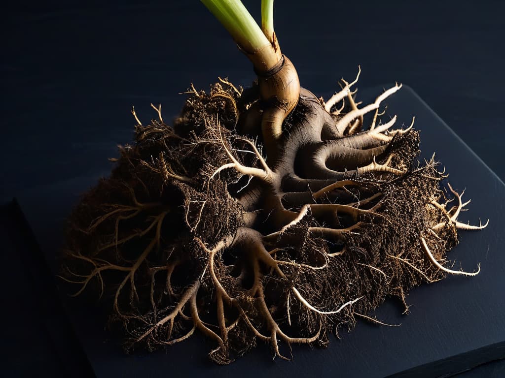  An ultradetailed closeup image of freshly harvested yacón roots arranged in a visually striking and minimalist composition, showcasing their unique shape, texture, and earthy colors. The roots are placed on a sleek, matte black surface, with soft, diffused lighting illuminating the intricate details of their skin, highlighting the natural imperfections and organic beauty of the yacón roots. hyperrealistic, full body, detailed clothing, highly detailed, cinematic lighting, stunningly beautiful, intricate, sharp focus, f/1. 8, 85mm, (centered image composition), (professionally color graded), ((bright soft diffused light)), volumetric fog, trending on instagram, trending on tumblr, HDR 4K, 8K