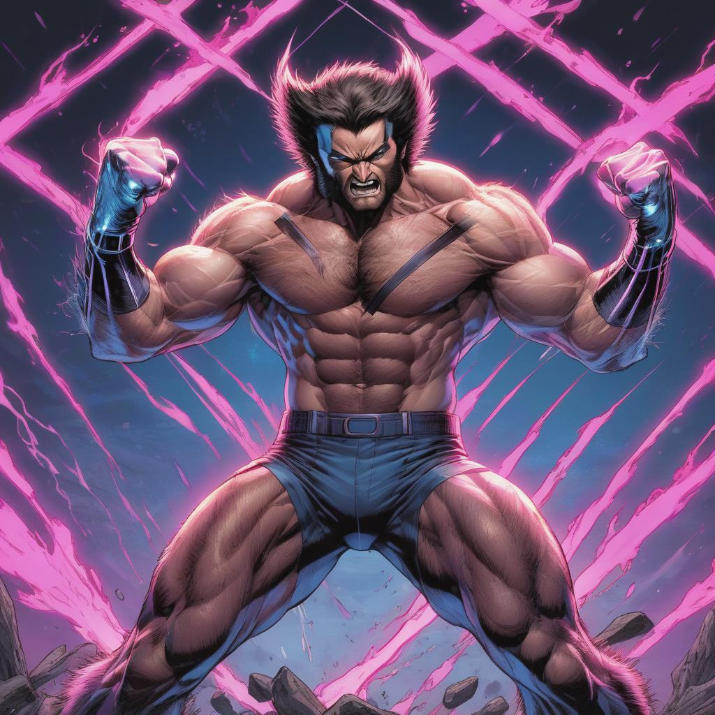  vapor wave art style,  wolverine from x-men fighting with clenched fist, feral, hairy, shirtless, sweating, full body, anatomically correct, super muscular, vascular, hyper realistic, 4k, night time, illustration,  masterpiece, artwork, high detail, fine details