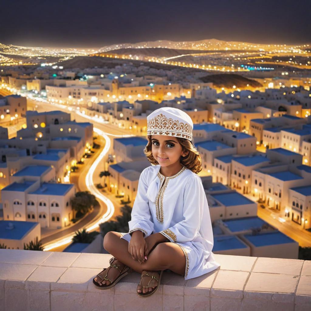  omani cute girl sitting in front of Muscat city at night,anime