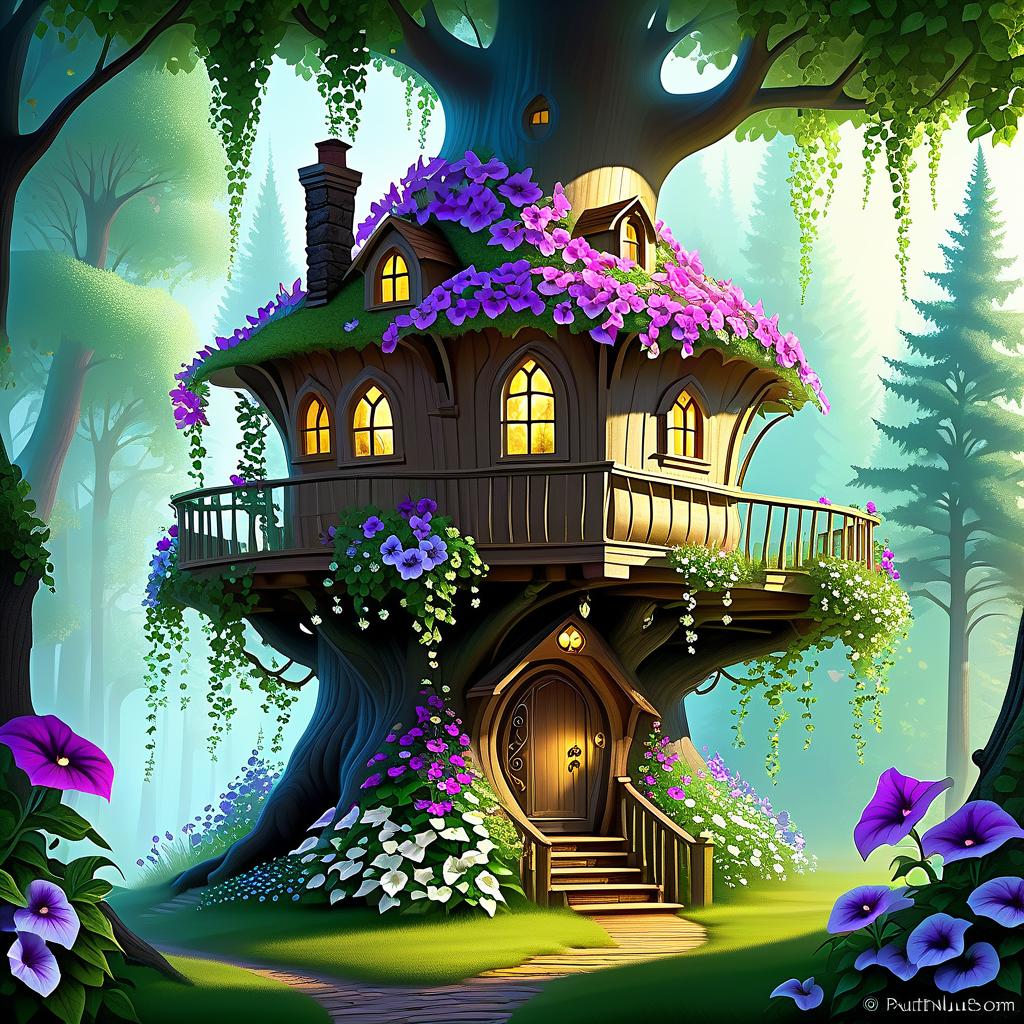  ethereal fantasy concept art of This tree house, nestled in the woods under a large leaf as a roof. Morning petunias serve as both decoration and guardians. The blossoms are blooming above the roof of the cabin. The elf who lives inside seems ready to come out the door and onto the balcony to water the flowers. (Petunia bush petunia) The flowers are blue turning to blue. . magnificent, celestial, ethereal, painterly, epic, majestic, magical, fantasy art, cover art, dreamy hyperrealistic, full body, detailed clothing, highly detailed, cinematic lighting, stunningly beautiful, intricate, sharp focus, f/1. 8, 85mm, (centered image composition), (professionally color graded), ((bright soft diffused light)), volumetric fog, trending on instagram, trending on tumblr, HDR 4K, 8K