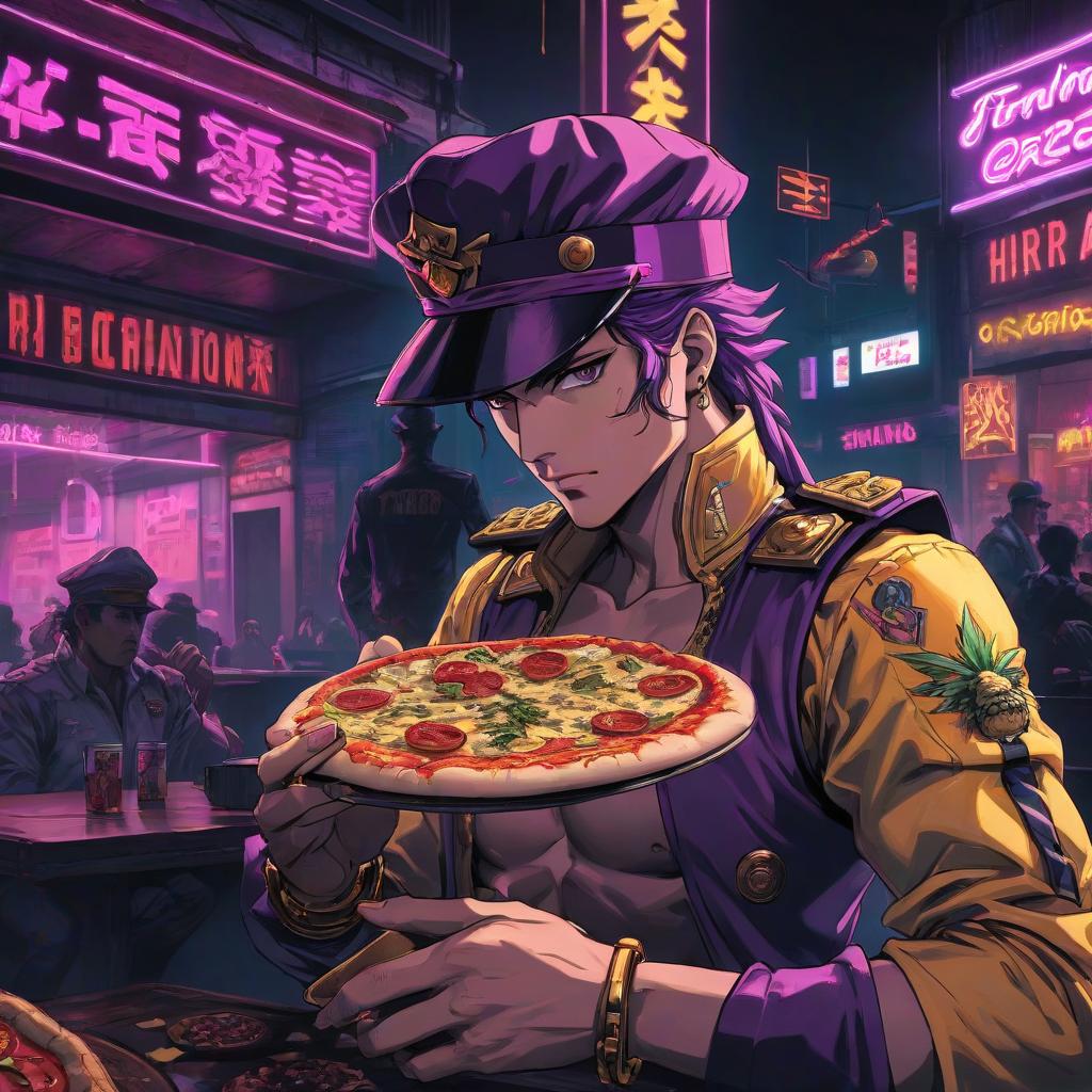  neonpunk style Drawn, Jotaro eats a pizza with pineapples, black background, anime. . cyberpunk, vaporwave, neon, vibes, vibrant, stunningly beautiful, crisp, detailed, sleek, ultramodern, magenta highlights, dark purple shadows, high contrast, cinematic, ultra detailed, intricate, professional hyperrealistic, full body, detailed clothing, highly detailed, cinematic lighting, stunningly beautiful, intricate, sharp focus, f/1. 8, 85mm, (centered image composition), (professionally color graded), ((bright soft diffused light)), volumetric fog, trending on instagram, trending on tumblr, HDR 4K, 8K