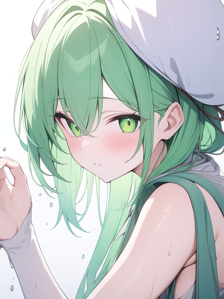  Green hair character in a large droplet drip, green hair in "water drops", masterpiece, best quality,8k,ultra detailed,high resolution,an extremely delicate and beautiful,hyper detail