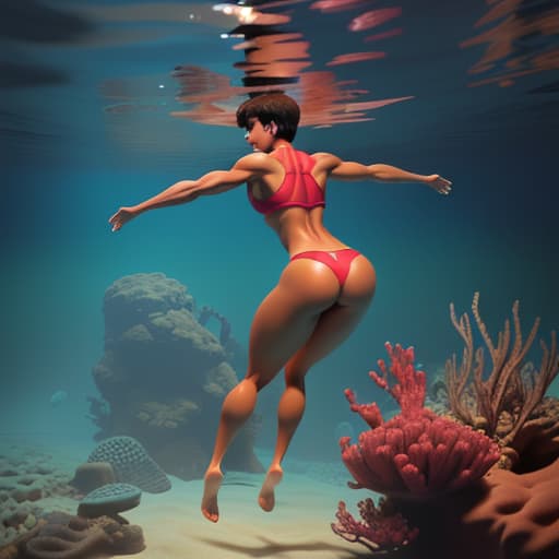  tanned woman with short hair walking underwater she looks up her arms are reach up her giant muscular booty and legs are very heavy view from the back