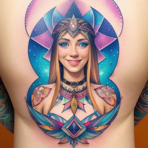  mystic female, Magic Crystal, Smile, withTattoos, freckles, cosmic