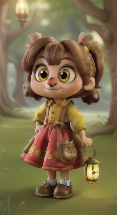  {A grand, old tree with twisting nches and a wise owl perched on one of them, its eyes large and knowing as it hoots softly., A young named Lily with brown hair in pigtails, wearing a bright yellow dress with red shoes, and holding a small lantern. She is curious and adventurous.