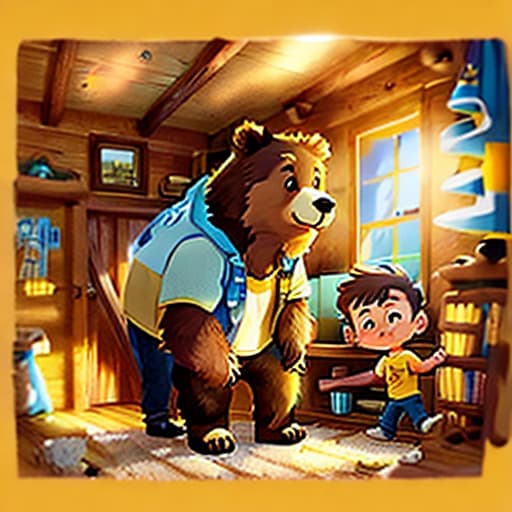  a boy with brown short hair and yellow shirt and blue jeans, a bear standing, in cabin