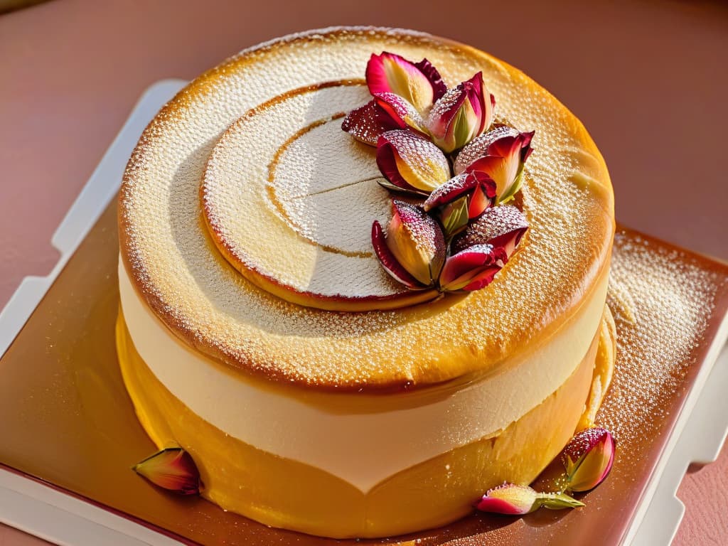  A highresolution closeup image of a traditional Moroccan almond and honey pastry, intricately decorated with delicate silver edible beads and aromatic rose petals, set against a backdrop of ornate Moroccan tiles in muted earth tones. The pastry is perfectly golden and glistens under soft natural light, showcasing the fine craftsmanship and cultural richness of Moroccan pastry artistry. hyperrealistic, full body, detailed clothing, highly detailed, cinematic lighting, stunningly beautiful, intricate, sharp focus, f/1. 8, 85mm, (centered image composition), (professionally color graded), ((bright soft diffused light)), volumetric fog, trending on instagram, trending on tumblr, HDR 4K, 8K