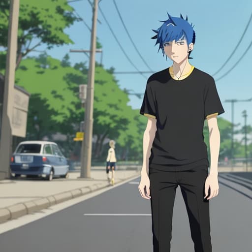  Makoto Shinkai style. A young handsome man is standing. one. the hair is blue. the skin is white. He is wearing black pants and a yellow shirt. the shoes are white. sneakers in the ears of earrings.