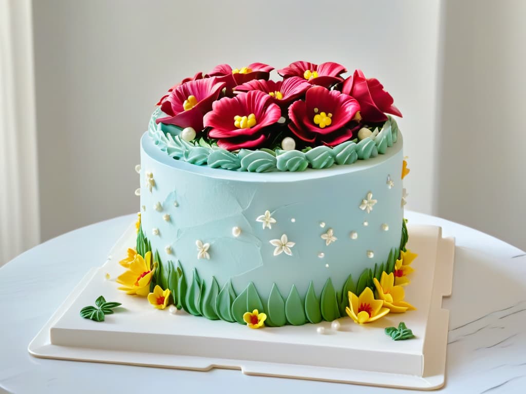  A photorealistic image of a beautifully decorated multitiered cake, intricately adorned with colorful fondant flowers, delicate piping details, and shimmering edible pearls. The cake sits on a pristine white cake stand, set against a backdrop of a sunlit kitchen with marble countertops and fresh flowers, exuding elegance and skillful craftsmanship. hyperrealistic, full body, detailed clothing, highly detailed, cinematic lighting, stunningly beautiful, intricate, sharp focus, f/1. 8, 85mm, (centered image composition), (professionally color graded), ((bright soft diffused light)), volumetric fog, trending on instagram, trending on tumblr, HDR 4K, 8K