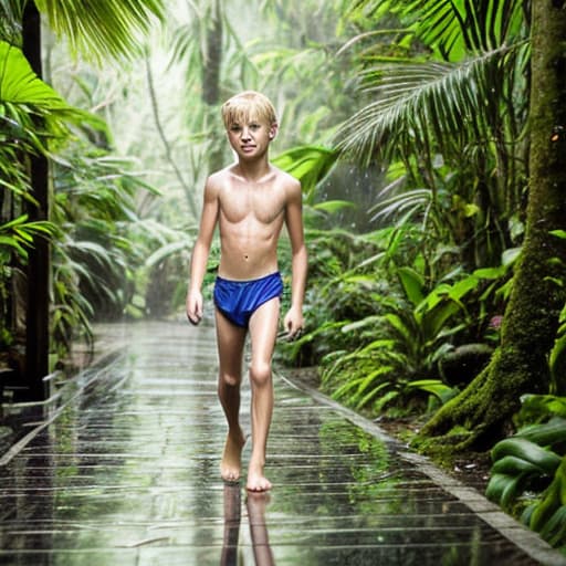  handsome thin graceful 12y blond boy walking barefoot through the rain forest, wearing only small skimpy trunks