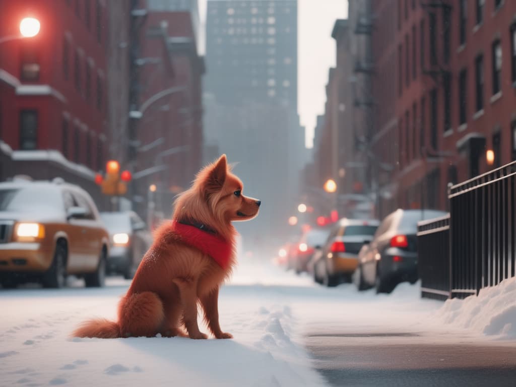  In a cinematic 8K shot, a stunning minimalist scene unfolds: a cute red fluffy dog, light as a whisper, sits in a heavy snowy New York City street. The contrast of the adorable canine against the urban snowscape creates a beautifully detailed and charming wallpaper moment, capturing the essence of city life with a touch of canine sweetness.
