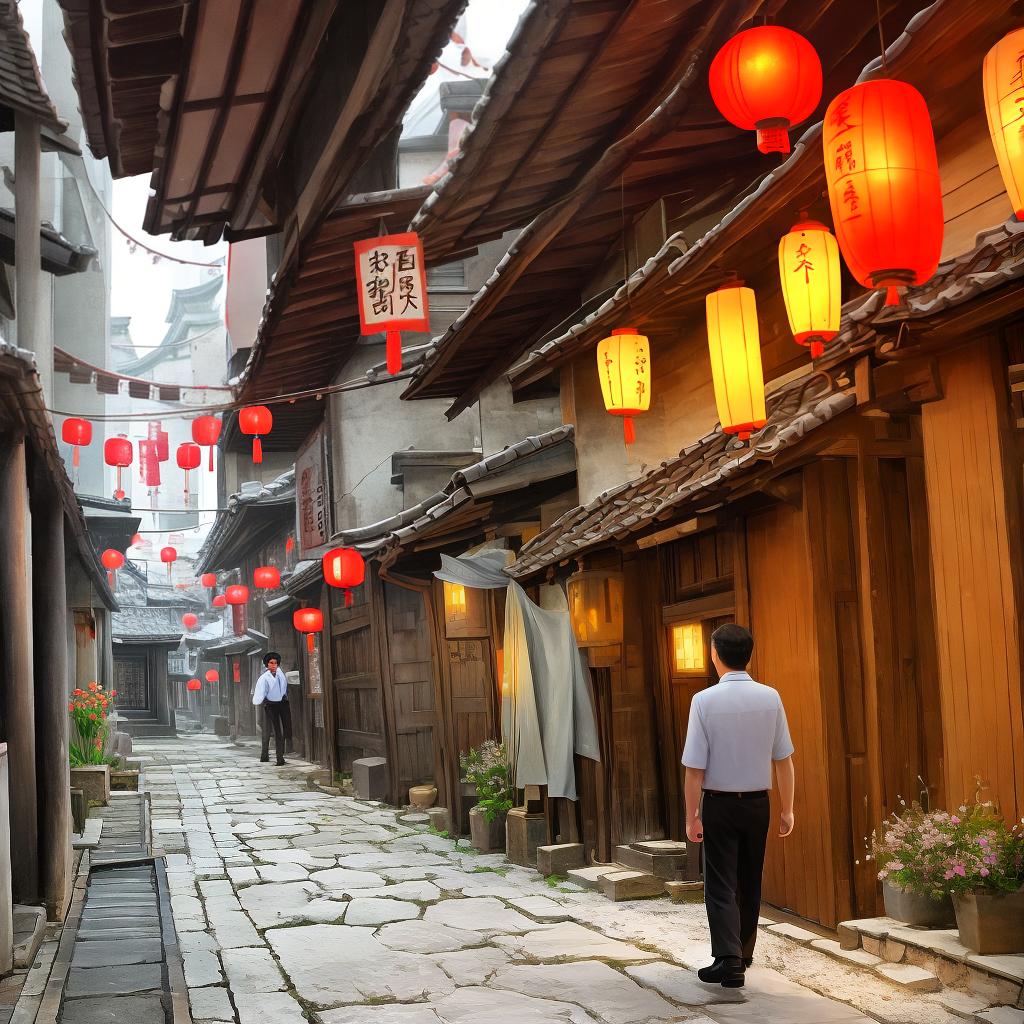  Ancient Chinese alley, a man and a woman walking inside, dusk, alley opened a teahouse, lit lanterns, only two people