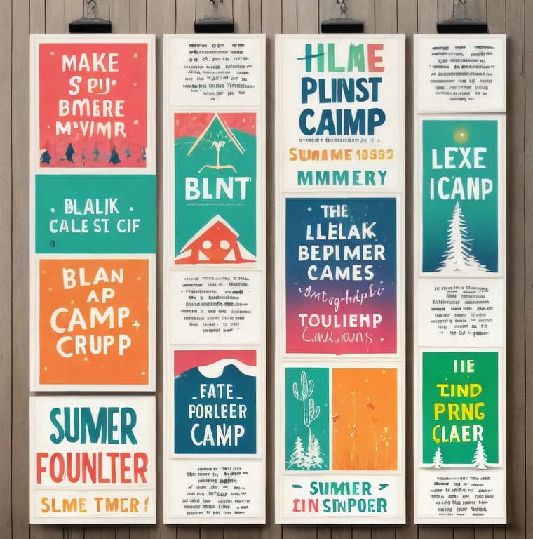  Make a poster with borders, blank space for title, six blank points under it. summer camp related design.