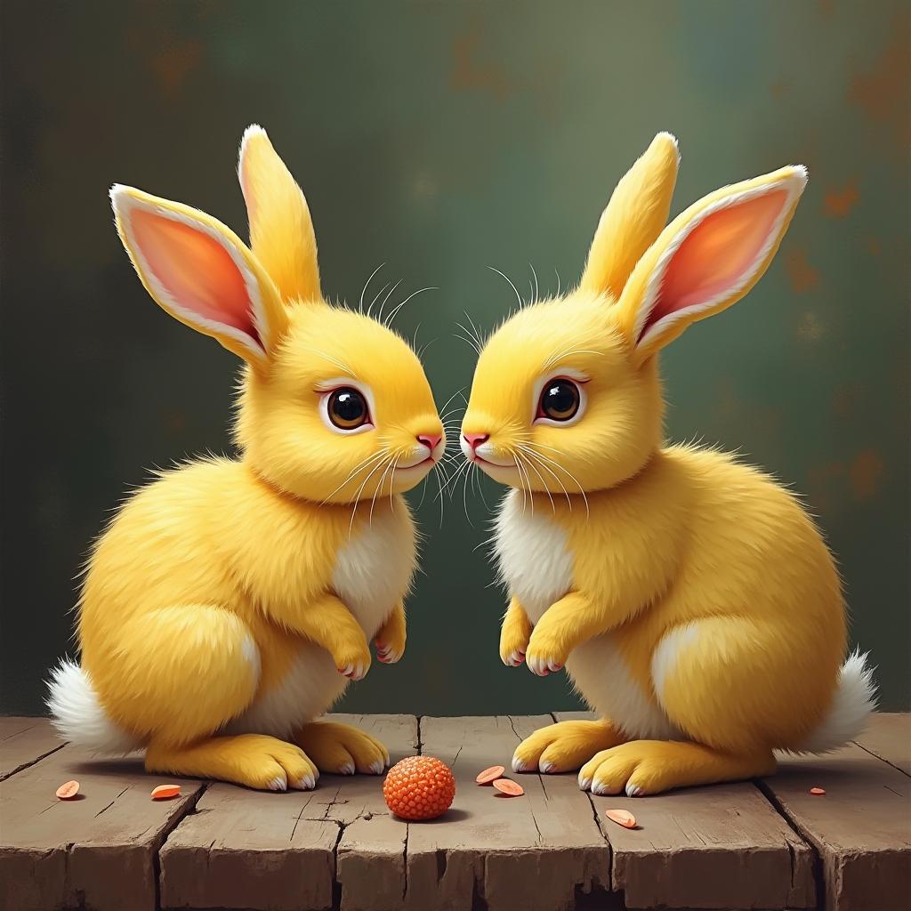  good quality, high quality, enchanted fairy tale still life with adorable yellow bunnies and rustic charm digital painting