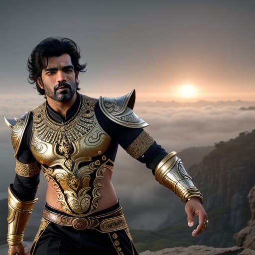  a photo of Indian actor Ram Charan from the movie RRR hyperrealistic, full body, detailed clothing, highly detailed, cinematic lighting, stunningly beautiful, intricate, sharp focus, f/1. 8, 85mm, (centered image composition), (professionally color graded), ((bright soft diffused light)), volumetric fog, trending on instagram, trending on tumblr, HDR 4K, 8K