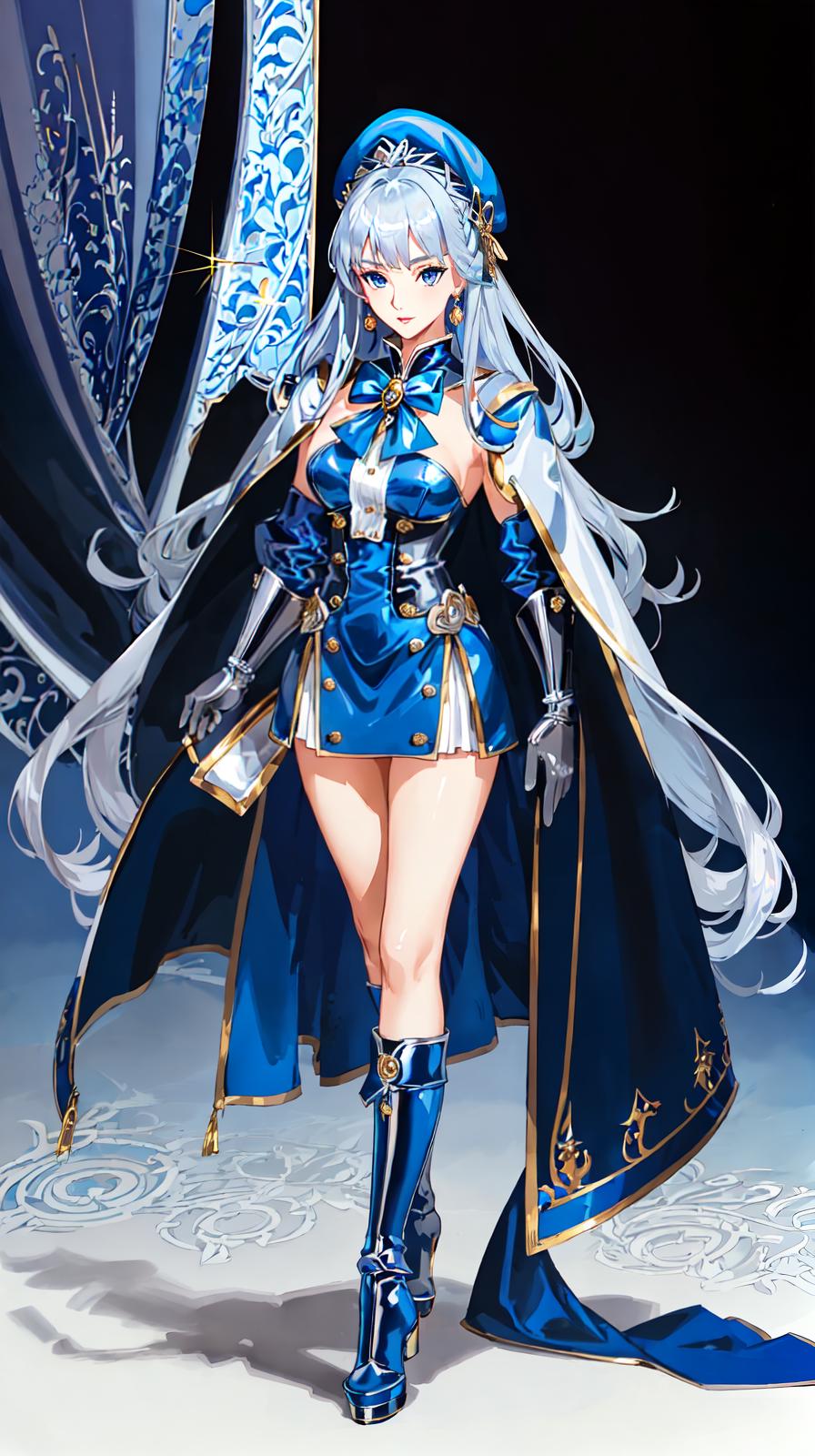  master piece , best quality,Silver blue hair,Beautiful lady, Blue eyes ,id hair,Put on a long cape coat ,Opera gloves, Panniers, Glamour lady,Red glossy lip, lady, sleeveless, Sensual lady , sleeveless sailor suit ,Color leather mini tiered fluffy, beret, ,Knee high boots, Magical , big bow on the 