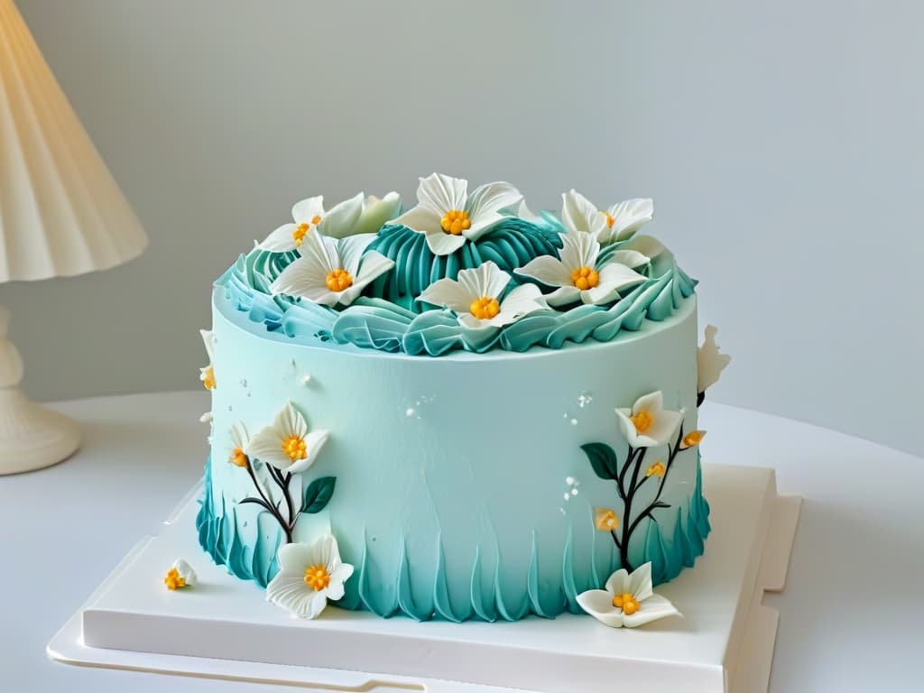  A closeup, ultrahighresolution image of a perfectly frosted and decorated threetiered cake, showcasing intricate piping work and delicate sugar flowers in soft pastel colors. The background is blurred, emphasizing the fine details of the cake design, creating a visually stunning and elegant aesthetic that complements the article's professional and inspiring tone. hyperrealistic, full body, detailed clothing, highly detailed, cinematic lighting, stunningly beautiful, intricate, sharp focus, f/1. 8, 85mm, (centered image composition), (professionally color graded), ((bright soft diffused light)), volumetric fog, trending on instagram, trending on tumblr, HDR 4K, 8K