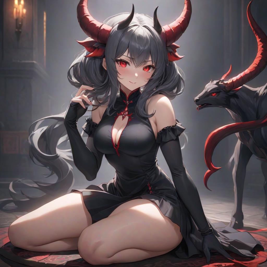  anime artwork Demoness. Dark gray hair. Red eyes. Two horns on her head. She sits with her hand under her chin and places one leg over the other. Black dress. Dark material covers her hands and feet. Short claws on her hands and feet. Smile. . anime style, key visual, vibrant, studio anime, highly detailed hyperrealistic, full body, detailed clothing, highly detailed, cinematic lighting, stunningly beautiful, intricate, sharp focus, f/1. 8, 85mm, (centered image composition), (professionally color graded), ((bright soft diffused light)), volumetric fog, trending on instagram, trending on tumblr, HDR 4K, 8K