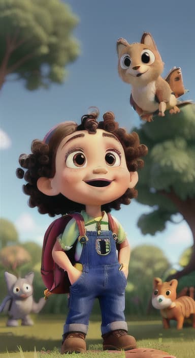  {Riley looking up at the tree with a big smile, animals surrounding them., Riley, a curious with big brown eyes and curly hair, wearing overalls and carrying a small backpack. Their friend, Skye, a bluebird with shiny feathers.