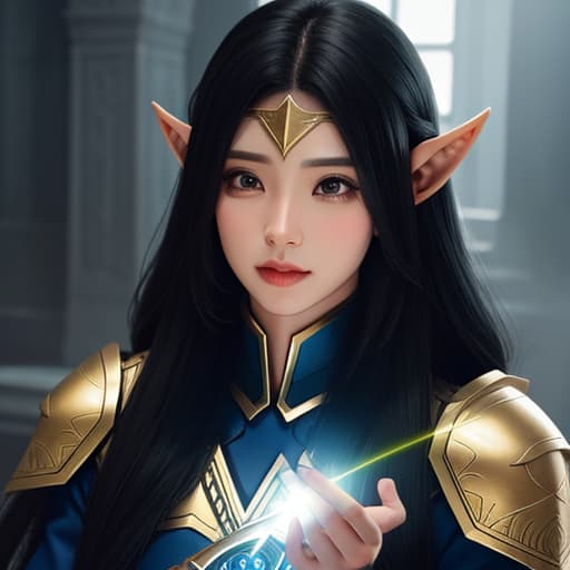  A superhero female elf, with long black hair who's caster of light golden magic, healing magic from her fingers , hyperrealistic, high quality, highly detailed, cinematic lighting, intricate, sharp focus, f/1. 8, 85mm, (centered image composition), (professionally color graded), ((bright soft diffused light)), volumetric fog, trending on instagram, HDR 4K, 8K