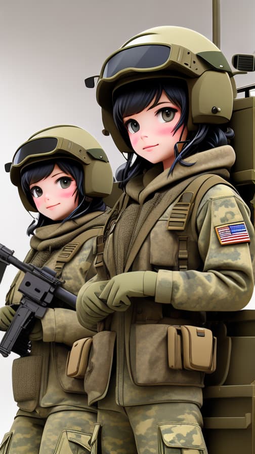  Two heads, U.S. Army full equipment, camouflage color, tanks, machine guns, girls, cute.