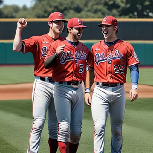  college baseball players in baseball pants, no shirts, laughing  red ball caps