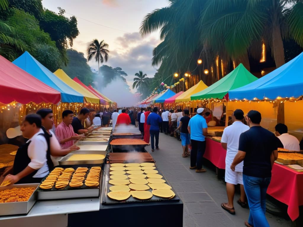  An ultradetailed image of a bustling outdoor festival in Latin America, showcasing rows of colorful food stalls with chefs expertly flipping crepes on large griddles. The scene is vibrant with people of various ethnicities and ages enjoying the festivities, adorned with strings of fairy lights hanging overhead, casting a warm glow on the scene. The backdrop features palm trees silhouetted against a setting sun, creating a relaxed and inviting atmosphere that perfectly captures the essence of crepe festivals in Latin America. hyperrealistic, full body, detailed clothing, highly detailed, cinematic lighting, stunningly beautiful, intricate, sharp focus, f/1. 8, 85mm, (centered image composition), (professionally color graded), ((bright soft diffused light)), volumetric fog, trending on instagram, trending on tumblr, HDR 4K, 8K